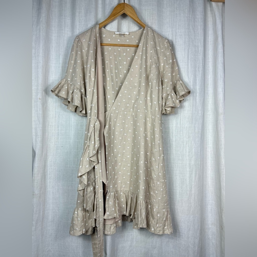 WAYF Linen Blend Ruffle Beige Polka Dot Wrap Dress Size Small